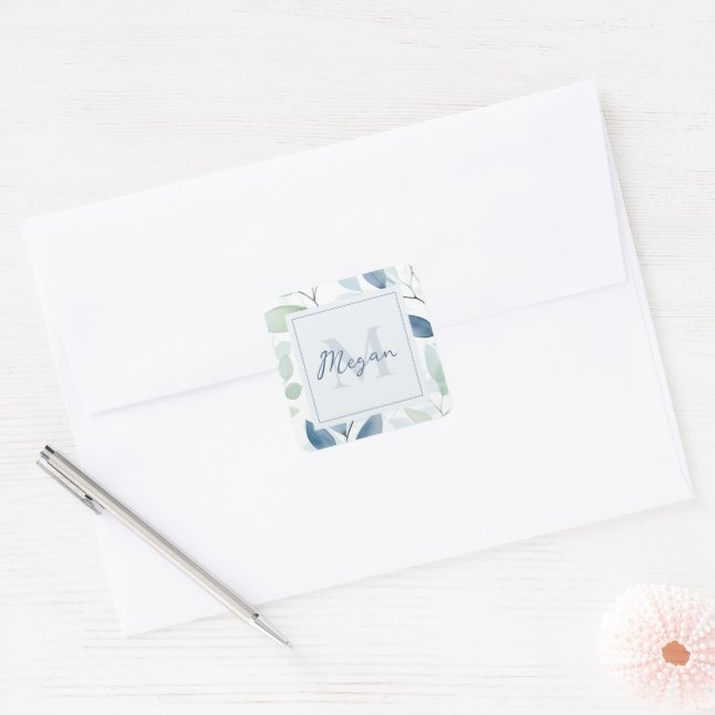 Pegatina Cuadrada Tranquilidad Oasis Watercolor Sale Monograma y Nom (Sobre)