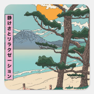 Pegatina Cuadrada Tranquilidad y relajación del río japonés.