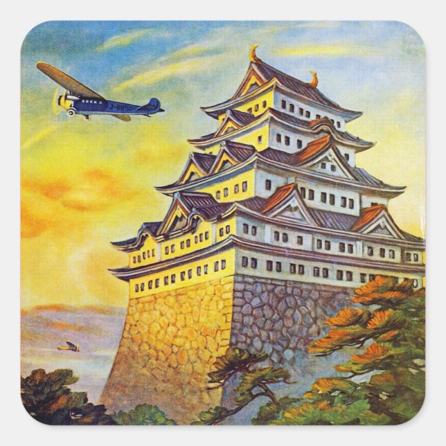Pegatina Cuadrada Transporte aéreo japonés con pagoda (Anverso)