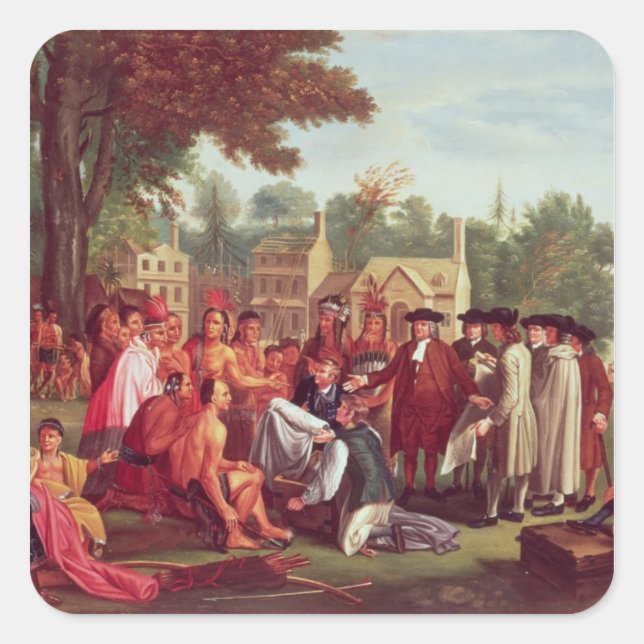 Pegatina Cuadrada Tratado de William Penn con los indios en 1683 (Anverso)