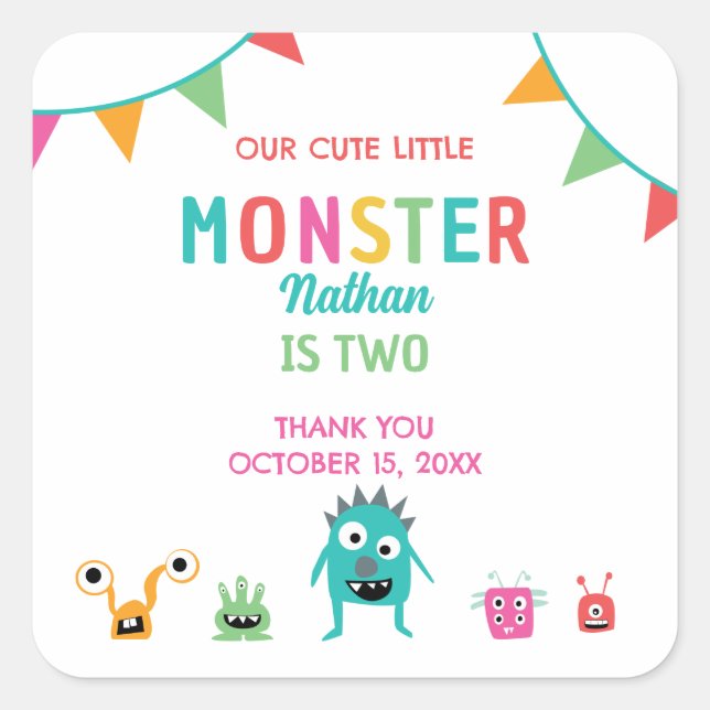 Pegatina Cuadrada Trato de fiesta de cumpleaños de pequeños monstruo (Anverso)