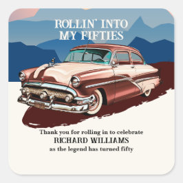 Pegatina Cuadrada Travel Retro Classic Car Theme 50th Birthday