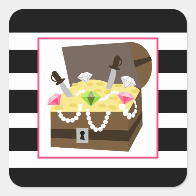 Pegatina Cuadrada Treasure Chest con joyas rosas (Anverso)