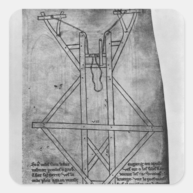 Pegatina Cuadrada Trebuchet, máquina para lanzar flechas (Anverso)