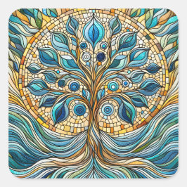 Pegatina Cuadrada Tree of Life Shattered Glass Mosaic Aqua Blues 