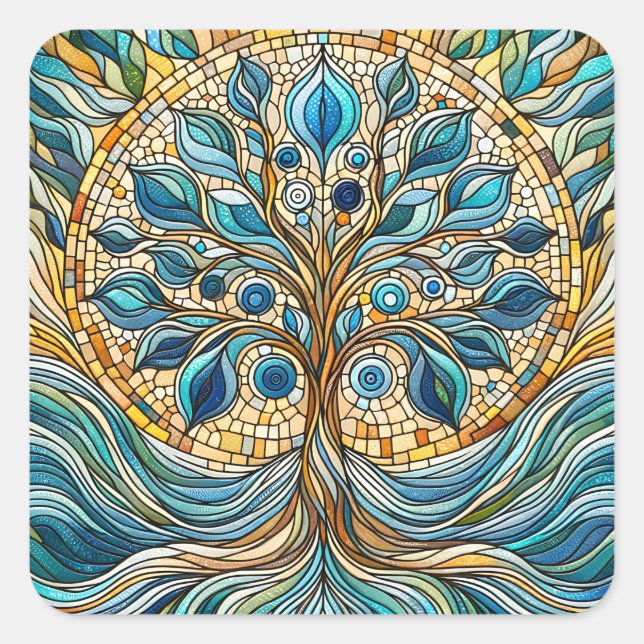 Pegatina Cuadrada Tree of Life Shattered Glass Mosaic Aqua Blues  (Anverso)