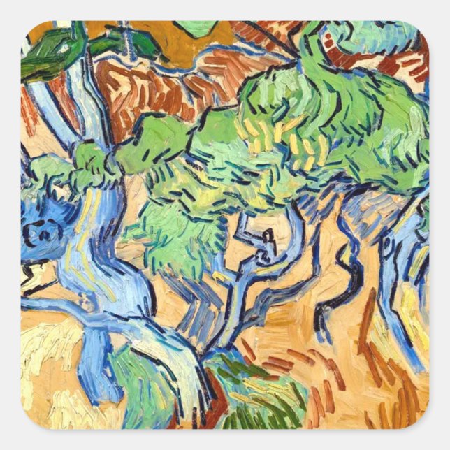 Pegatina Cuadrada Tree Roots (1890) arte botánico Rasgo Van Gogh (Anverso)