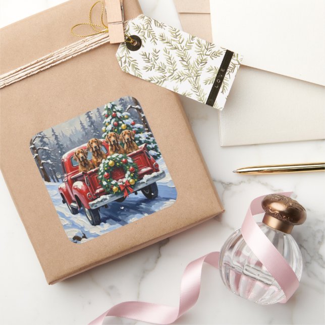 Pegatina Cuadrada Treeing Walker Coonhound Christmas Red Truck (Regalar)