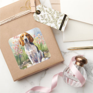 Pegatina Cuadrada Treeing Walker Coonhound with Easter Eggs Holiday