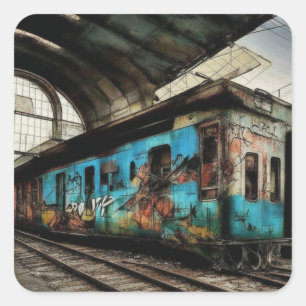 Pegatina Cuadrada Tren abandonado con graffiti arte urbano