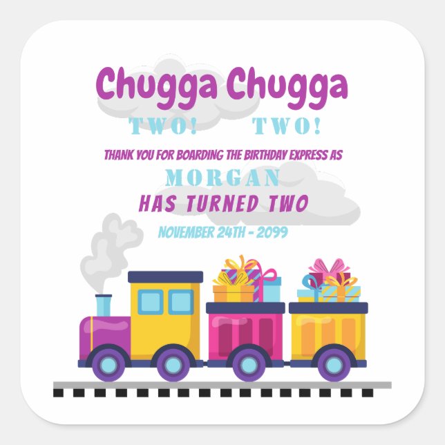 Pegatina Cuadrada Tren Chugga Choo Personalizado segundo cumpleaños (Anverso)