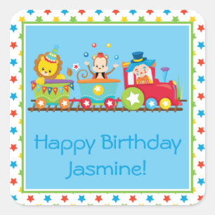 Pegatina Cuadrada Tren circo  Payaso  León  Mono  Personalizado