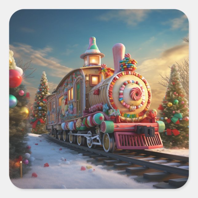 Pegatina Cuadrada Tren de caramelos para navidades (Anverso)