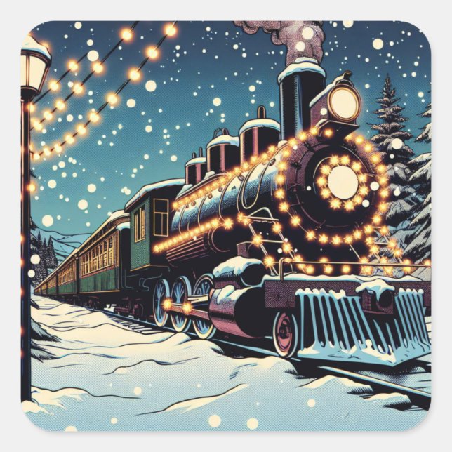 Pegatina Cuadrada Tren de época en una noche de Navidades (Anverso)