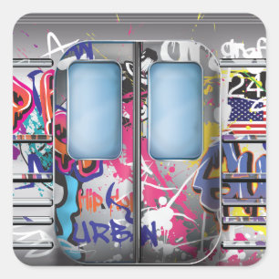Pegatina Cuadrada Tren de Metro con Grafitis
