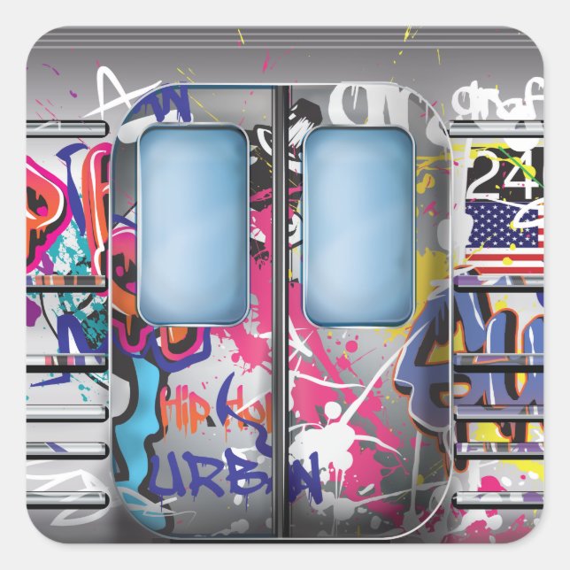 Pegatina Cuadrada Tren de Metro con Grafitis (Anverso)