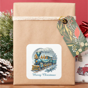 Pegatina Cuadrada tren de Navidad azul festivo personalizable
