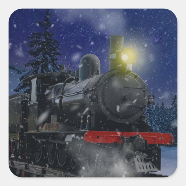Pegatina Cuadrada Tren de Navidad en la nieve (Anverso)