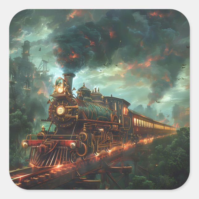 Pegatina Cuadrada Tren de Steampunk (Anverso)
