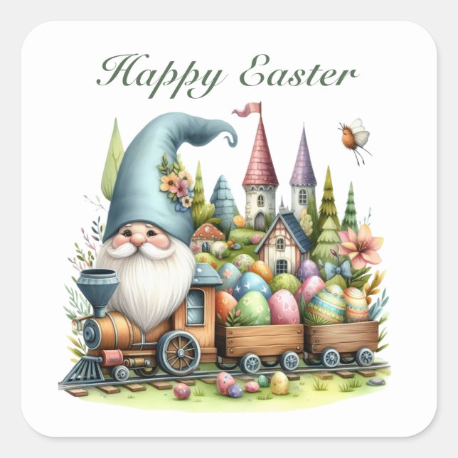 Pegatina Cuadrada Tren del gnome de Cute Happy Easter (Anverso)