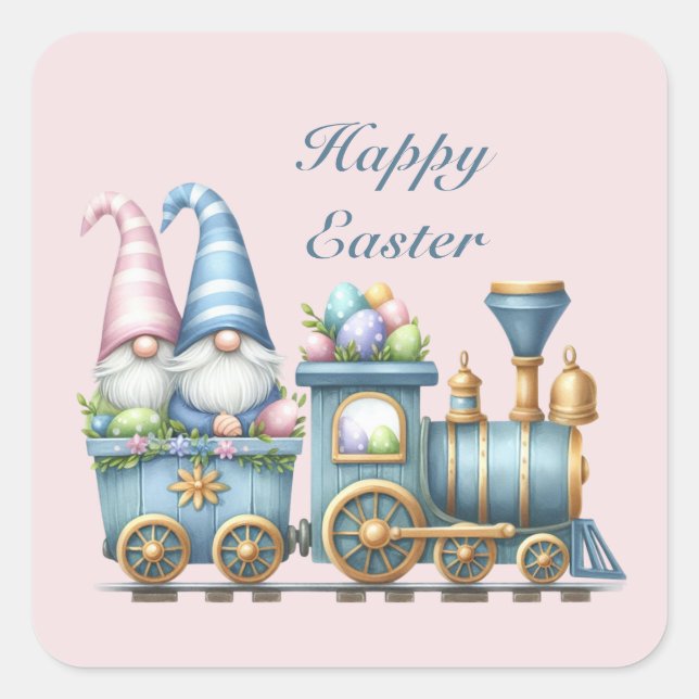 Pegatina Cuadrada Tren del gnome de Cute Happy Easter (Anverso)