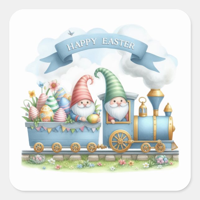 Pegatina Cuadrada Tren del gnome de Cute Happy Easter (Anverso)