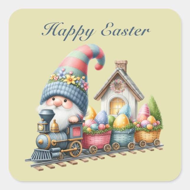 Pegatina Cuadrada Tren del gnome de Cute Happy Easter (Anverso)