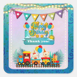 Pegatina Cuadrada Tren Feliz Cumpleaños Con Deseos De Animales Cutos