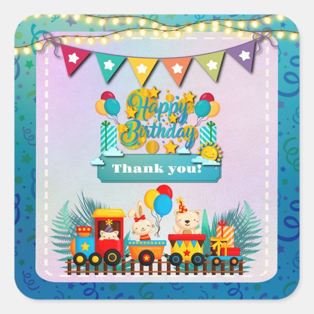 Pegatina Cuadrada Tren Feliz Cumpleaños Con Deseos De Animales Cutos (Anverso)