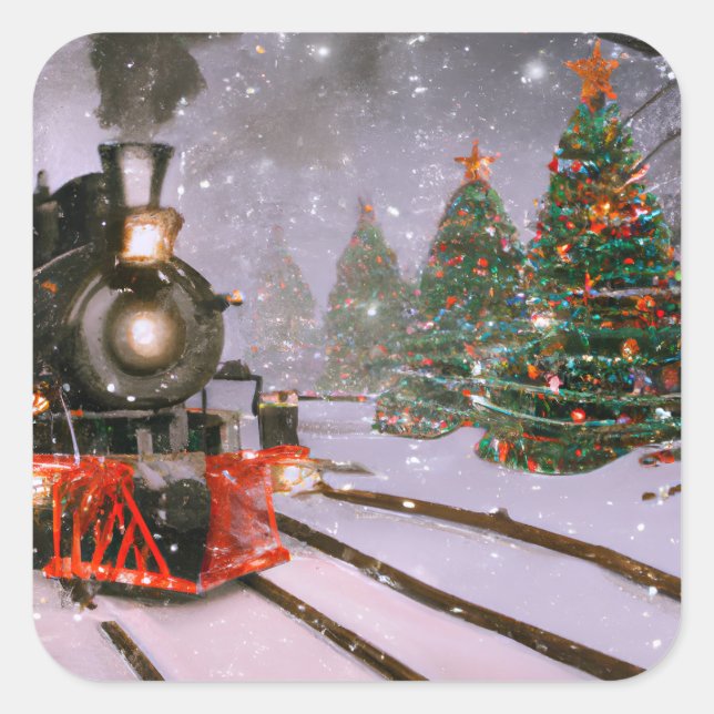 Pegatina Cuadrada Tren forestal de árboles de Navidad (Anverso)