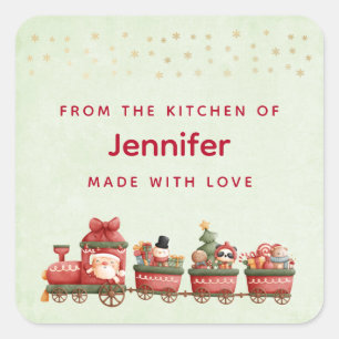 Pegatina Cuadrada Tren navideño bonito con cocina de juguetes