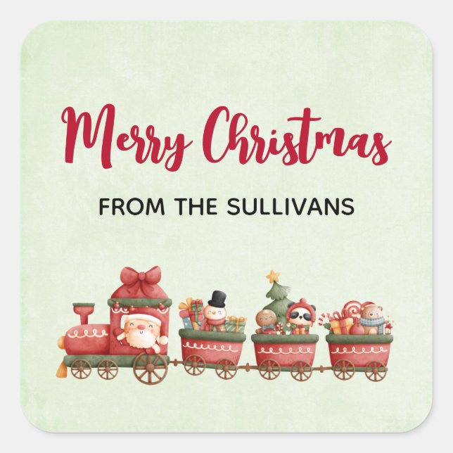 Pegatina Cuadrada Tren navideño bonito con juguetes navideños (Anverso)