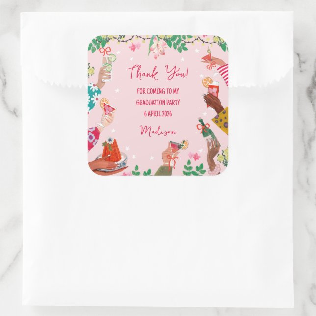 Pegatina Cuadrada Trendy Doodle Cheers to Grad Photo Thank You (Bolso)