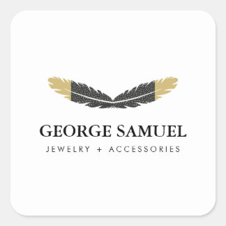 Pegatina Cuadrada Trendy Gold Dipped Boho Feather Designer White