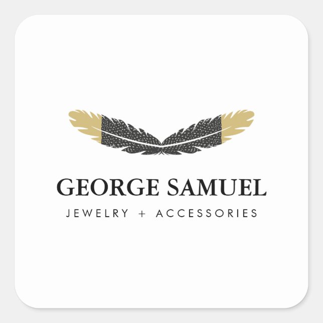 Pegatina Cuadrada Trendy Gold Dipped Boho Feather Designer White (Anverso)