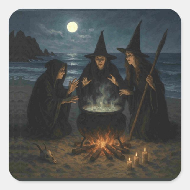 Pegatina Cuadrada Tres brujas producen Cauldron Full Moon Beach (Anverso)
