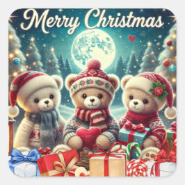 Pegatina Cuadrada Tres Cuidados Teddy Bears Feliz Navidad
