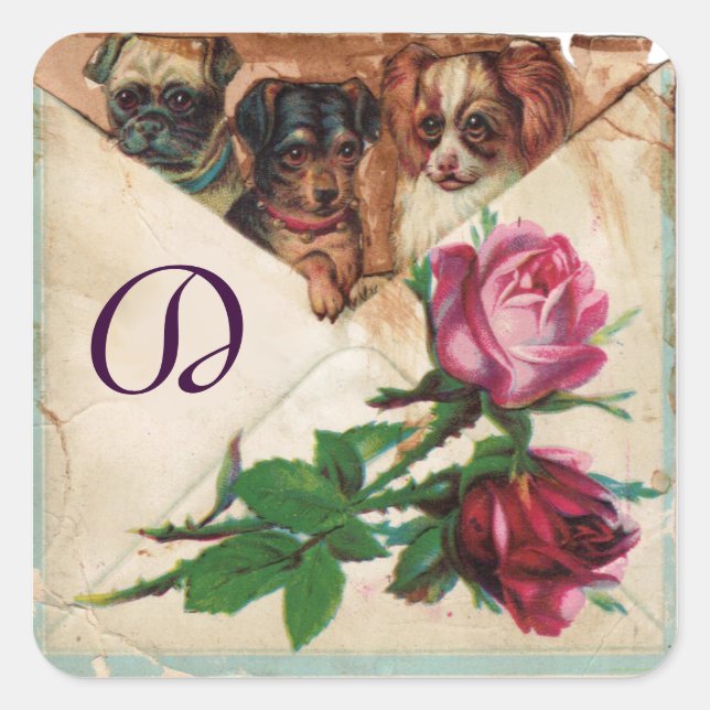 PEGATINA CUADRADA TRES DOGGIES CON ROSAS MONOGRAMA (Anverso)