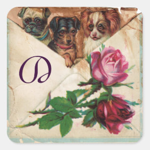 PEGATINA CUADRADA TRES DOGGIES CON ROSAS MONOGRAMA