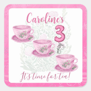 Pegatina Cuadrada Tres Es hora del té Invitación de cumpleaños númer