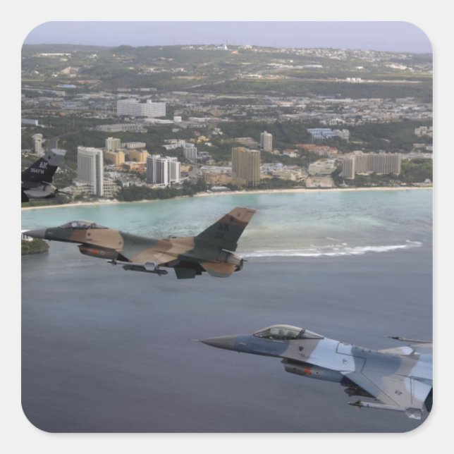 Pegatina Cuadrada Tres Falcones de combate F-16 vuelan en formación (Anverso)