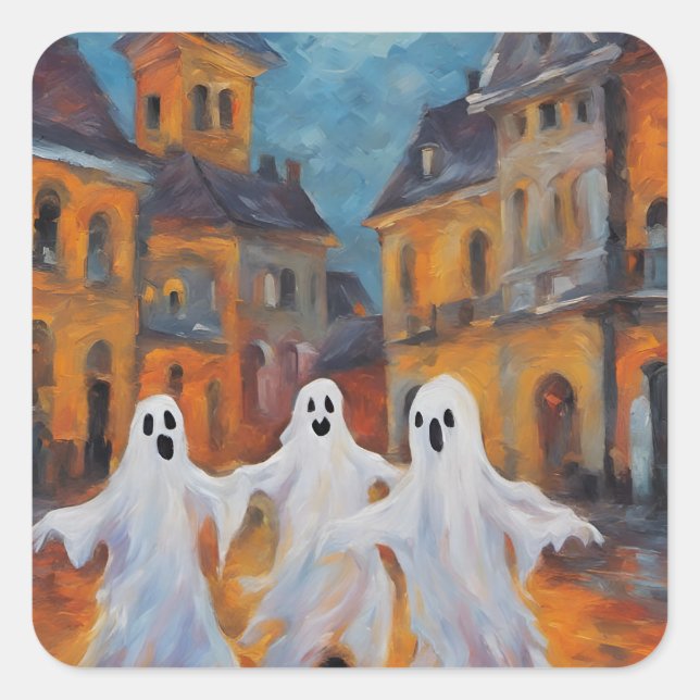 Pegatina Cuadrada Tres fantasmas bailan en la plaza del pueblo, Feli (Anverso)