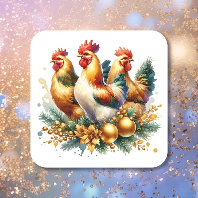 Pegatina Cuadrada Tres gallinas francesas | Doce días de Navidades (Subido por el creador)