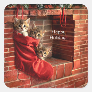Pegatina Cuadrada Tres gatitos en una Media de Navidad Stickers