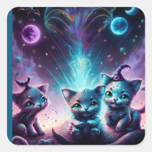 Pegatina Cuadrada Tres Gatitos Extranjeros En Un Lugar Otermundista