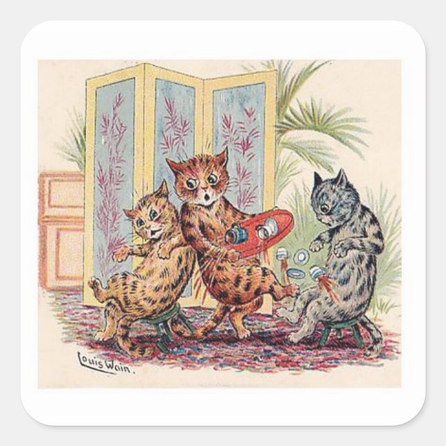Pegatina Cuadrada Tres gatos de Louis Wain (Anverso)