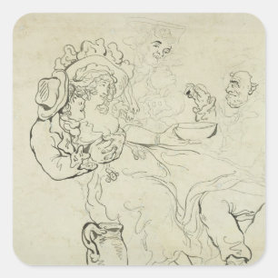 Pegatina Cuadrada Tres hombres y una mujer bebiendo (pluma y tinta y