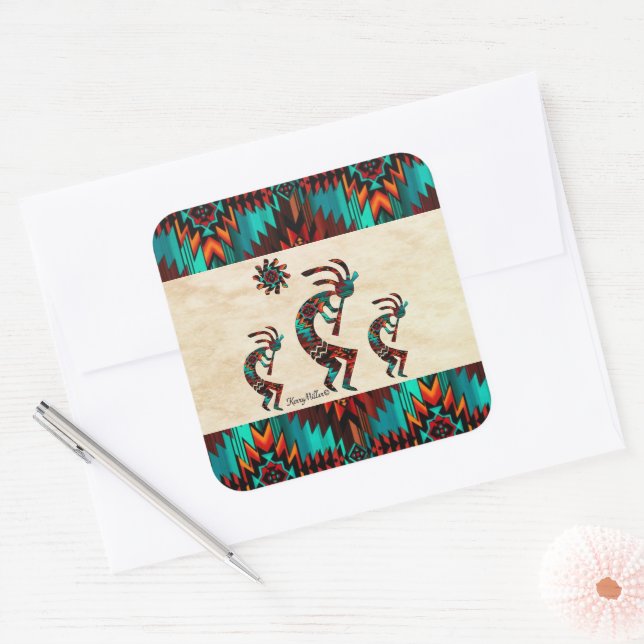 Pegatina Cuadrada Tres Kokopelli del Sudoeste (Sobre)