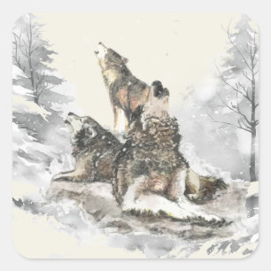 Pegatina Cuadrada Tres lobos aullando tormenta de nieve invierno vid