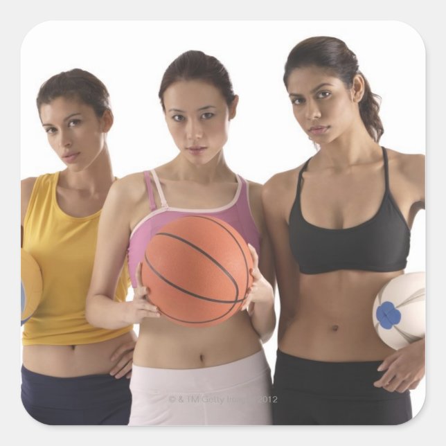 Pegatina Cuadrada tres mujeres de diferentes razas, con (Anverso)